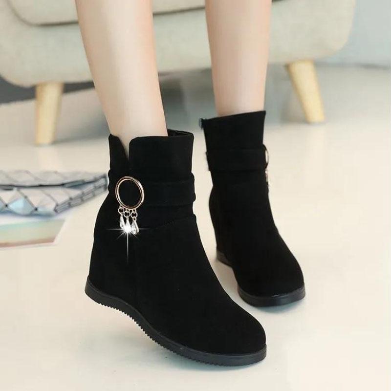 Fall and Winter Plus Velvet Flat-bottomed Inner Height Shoes Wedge Heel Short Tube Women's Cotton Boots