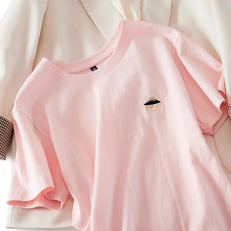 Pure Color Volcanic Embroidery Cotton Women's Summer Round Collar  Tees Breathable Half-sleeved Harajuku All-match Cartoons Style T Shirt Tops