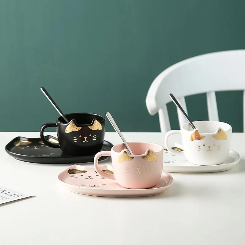 Ceramic Coffee Cup with Saucer Spoon Cartoon Cat Teacup Breakfast Milk Mug Bread Dessert Dish Gift