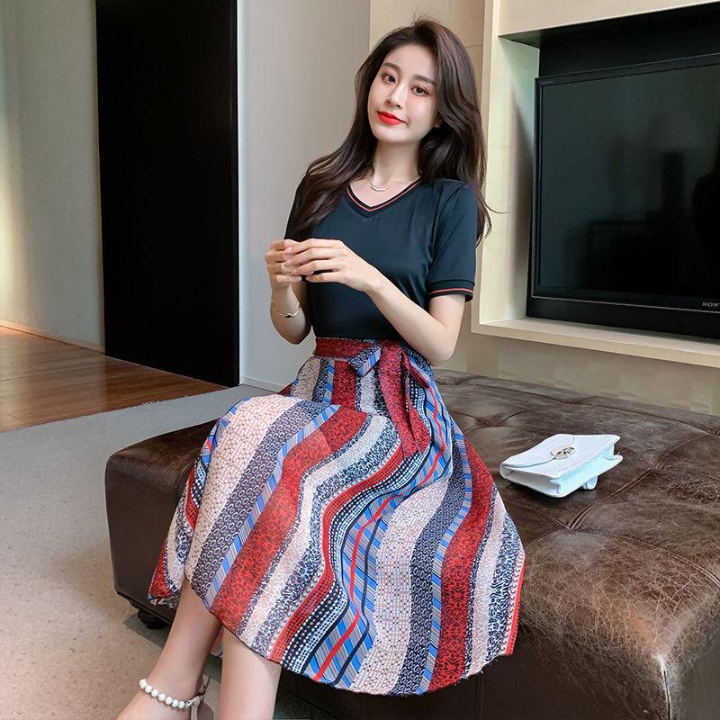 M-XXXL 2 Pieces Ladies Suit Skirt Spring and Summer Short Sleeve  Mid-length Casual Vacation Office Home