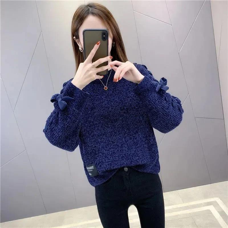 Fleece Chenille Crew Neck Sweater Tie Bow Long Sleeve Knit Sweater Solid Color Loose Oversized Sweater