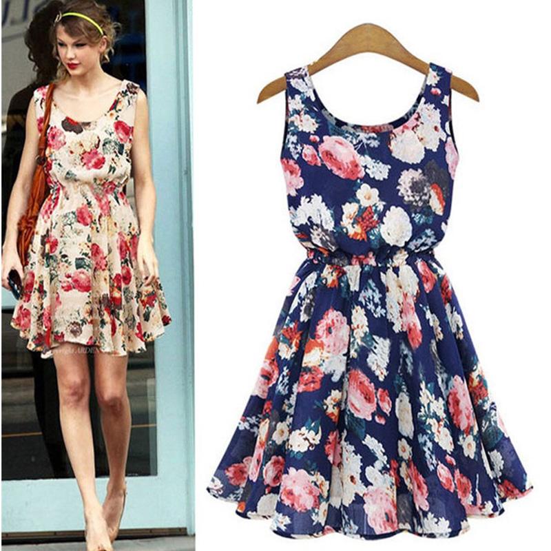 Women A-line Chiffon Dress Summer Sleeveless Round Neck Elastic Waist Floral Large Size Mid-length Skirt