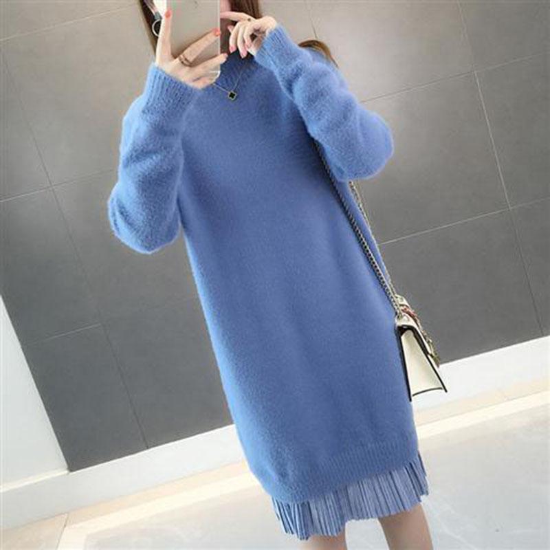 Long Faux Mink Fleece Sweater Winter Bottoming Sweater Thick Warm Knitted Lace Stitching Mohair Sweater Dress