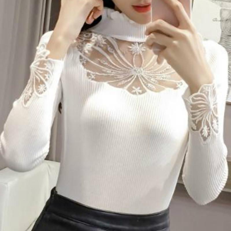 Pofulove Hollow Sweater Women's Pullover Sweater Stretch Net Yarn Embroidered Lace Bottoming Shirt