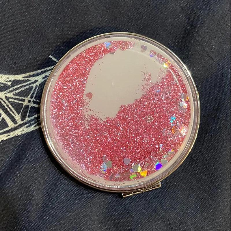 Hand-held Makeup Mirror Mini Vanity Mirror Schoolgirl Woman Flip Foldable Easy To Carry  Quicksand Sequins Small Round Mirror