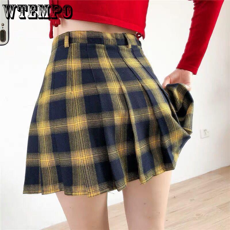 Women Skirts Cute Yellow Black Red Lattice Pleated Skirt Punk Style High Waist Short Skirt