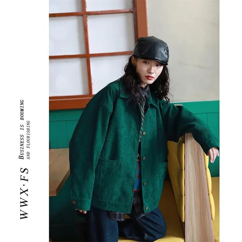 Stitching Long-sleeved Jacket Women's 2022 Spring and Autumn Korean Version Retro Loose All-match Thin Green Corduroy Short Jacket