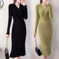 Autumn and Winter Fashion Padded Sweater Skirt Mid-length Over The Knee V-neck Knitted Dress Slim Inner Base Bag Hip Skirt