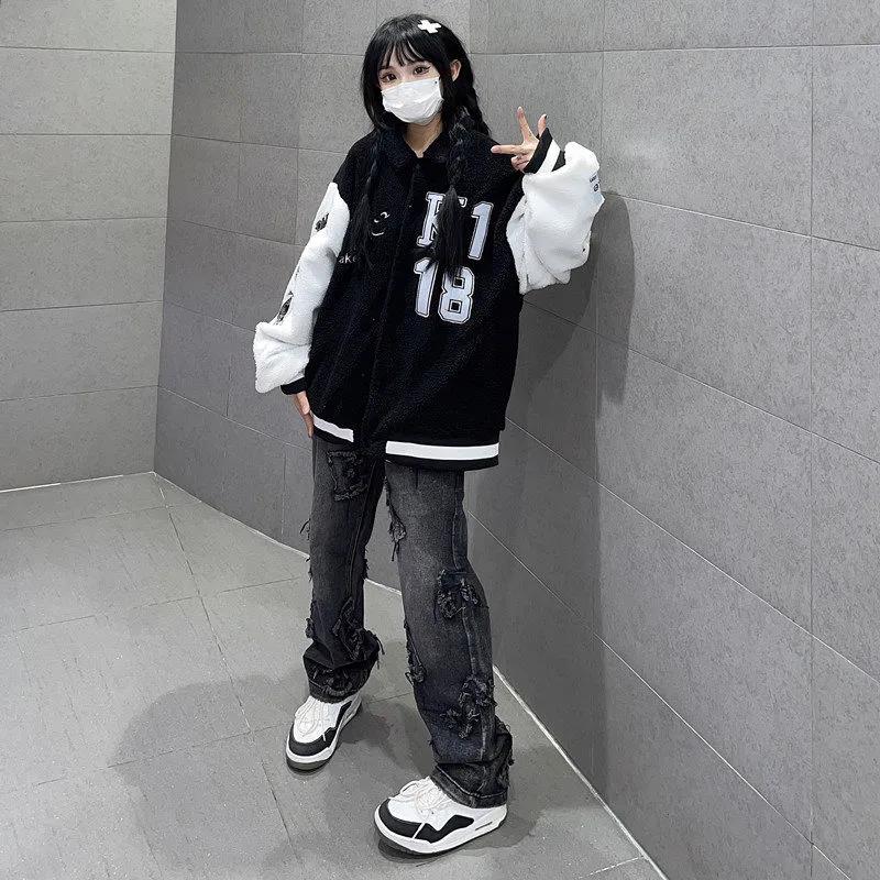 American Street Straight Jeans Female Autumn and Winter Models Hip Hop Letter High Waist Loose Slim Harsh Trousers Tide