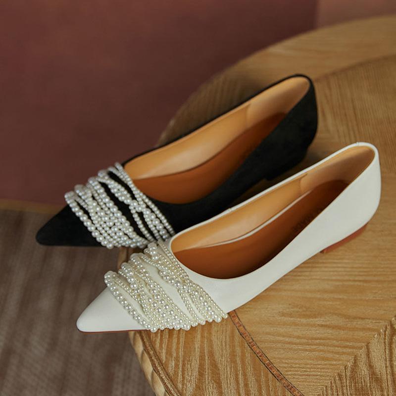 Low Heel Pointed Pearl Single Shoes Women Shallow Mouth All-match Bridal Shoes Flat Wedding Shoes French Retro Bridesmaid Shoes