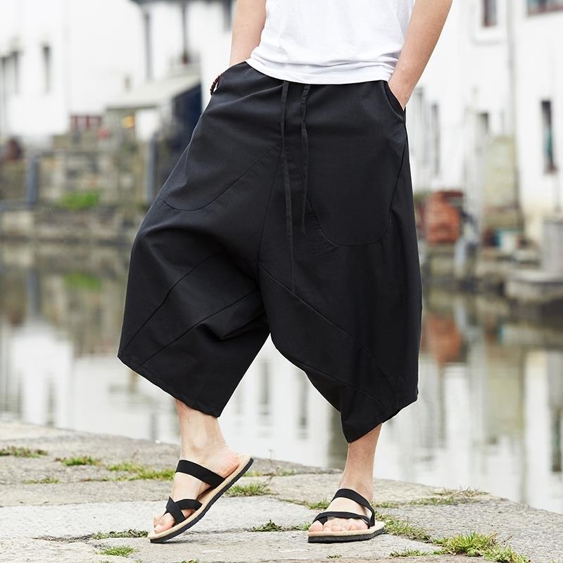 Summer Men's Loose Linen Pants Cropped Wide Leg Pants Shorts