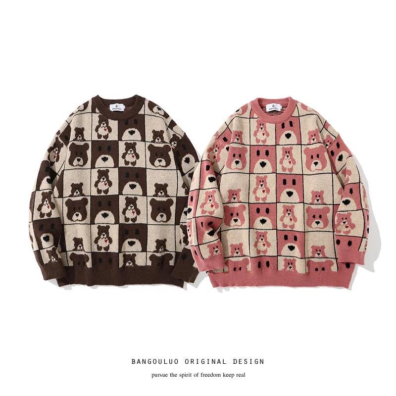 Bear Jacquard National Tide Brand Retro Checkerboard Plaid Round Neck Sweater Men and Women Couple Autumn and Winter Knit Sweater Tide