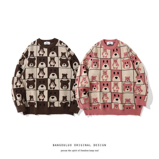 Bear Jacquard National Tide Brand Retro Checkerboard Plaid Round Neck Sweater Men and Women Couple Autumn and Winter Knit Sweater Tide