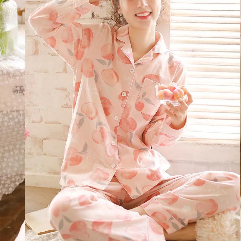 Women's Spring Autumn Long-sleeved Pajamas Peach Printing Cute Sweet Outerwear Homewear Loose Casual Suit