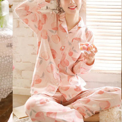 Women's Spring Autumn Long-sleeved Pajamas Peach Printing Cute Sweet Outerwear Homewear Loose Casual Suit