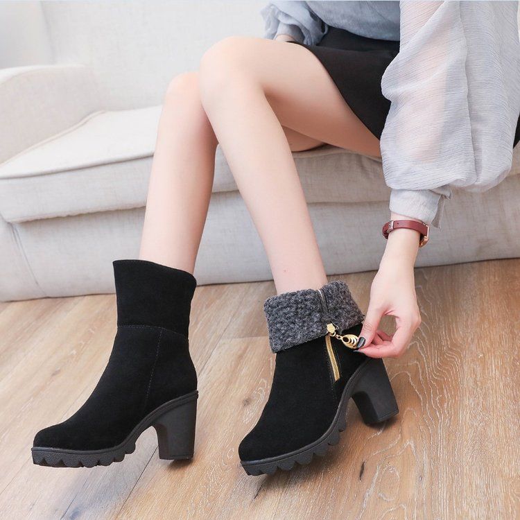 Winter Warm Mid-tube Women's Boots Korean Style High-heeled Thick-heeled Martin Boots Frosted Short Boots Women's Shoes