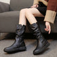 Women's PU Martin Boots Autumn Winter Flat Boots Plus Velvet Knight's Style Boots  Zipper Leather Shoes