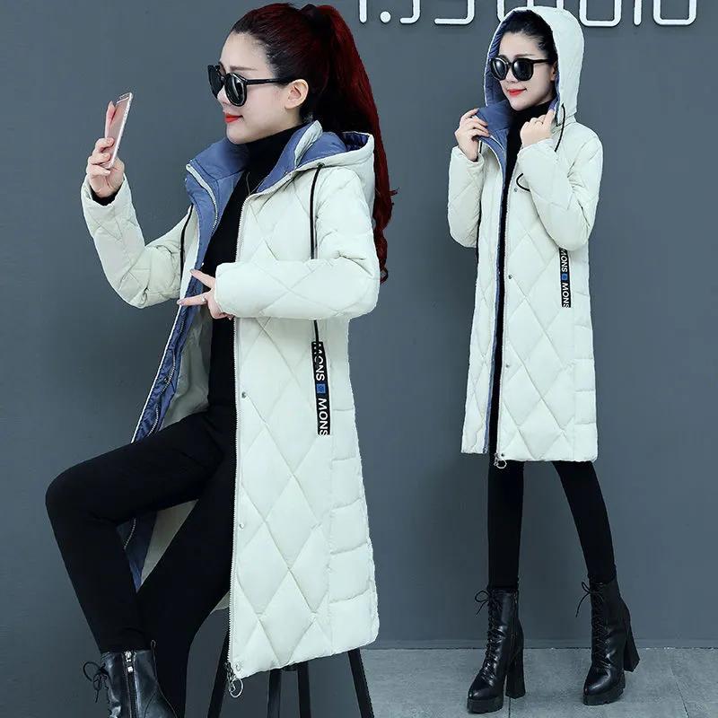 Loose Argyle Hooded Parkas Women Fashion Solid Thick Long Coats Women Elegant Cotton Jackets Female Ladies Winter Jacket