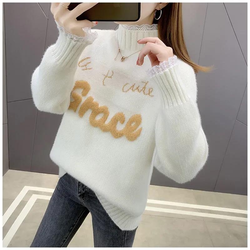 Chenille Lace Pullover Sweater Ladies Large Size Loose Half Turtleneck Sweater Solid Color Bottoming Knit Sweater