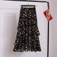 Elegant Floral Print Chiffon Skirts Women Summer A Line Pink Streetwear High Waist Ladies Midi Skirt