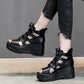Summer Hollow Sandals  Slope-heel Platform Sandals  Fish Mouth Lace-up High-heeled Soft Leather Ethnic Roman Women’s Shoes