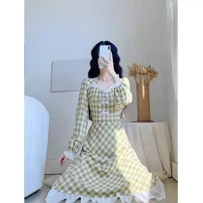 Mint Green Plaid Skirt Skirt Waist Slim French Retro Gentle Fairy Temperament Age-reducing Dress