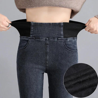High Waist Jeans Women's Autumn and Winter Plus Size Slimming Slimming Elastic Waist Feet Long Pants Plus Velvet Thickening
