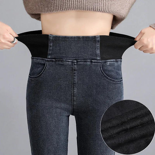High Waist Jeans Women's Autumn and Winter Plus Size Slimming Slimming Elastic Waist Feet Long Pants Plus Velvet Thickening