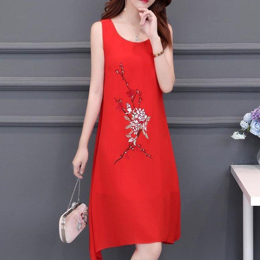 Chiffon XL-XXXXXL Plus Size Summer Chinese Style Dress Knee-length Solid Printed Over-the-knee Vest Skirt