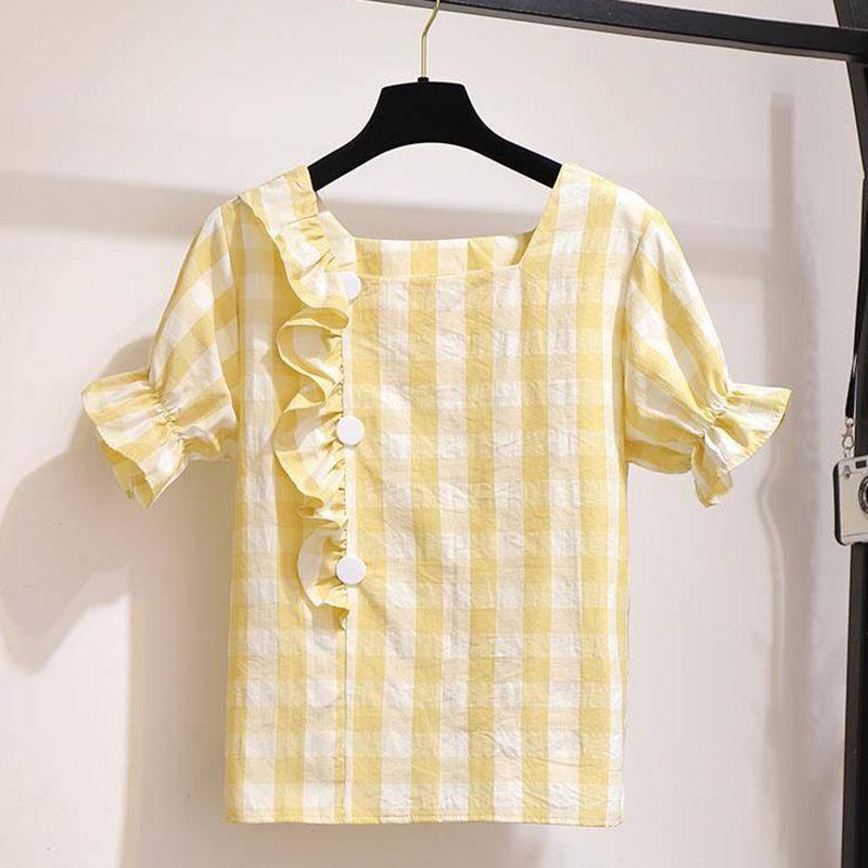 Pofulove Summer Women's Slim Skirt Set Flare Sleeve Plaid blouse Irregular short Skirt Two Piece Set