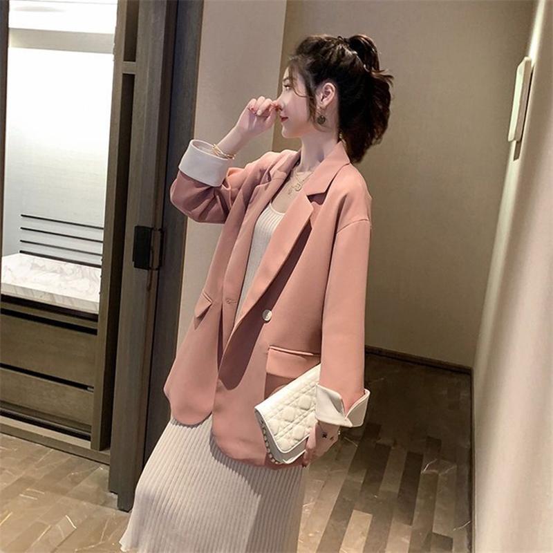 Korean Version   Pink Small Suit Jacket Women's Double-breasted Loose Casual Suit Spring  Autumn