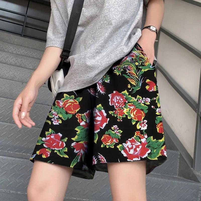 Women Summer Flower Printed Loose Pants Hip Hop Casual Shorts Male and Female High Waist Streetwear Shorts