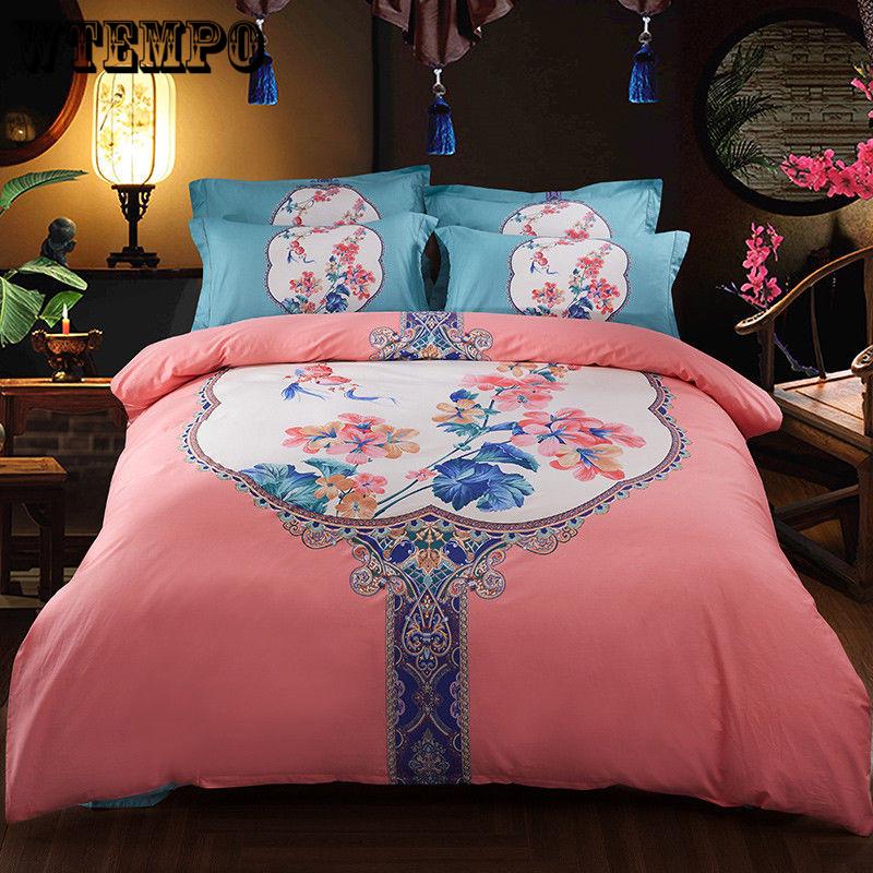 Egyptian Cotton Embroidery Luxury Oriental Bedding set King Queen size Bed set Coffee Bule Duvet