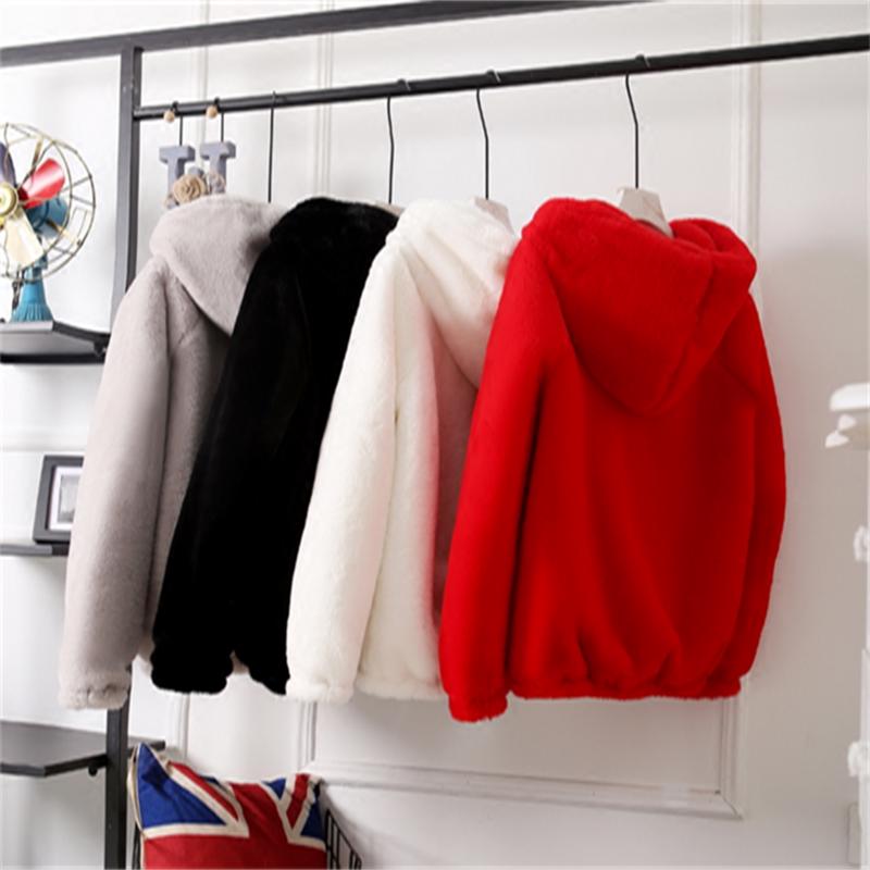 Fall/winter Hooded Pocket Sweater Loose Long-sleeved Furry Coat Solid Color Zipper Non-fading Top