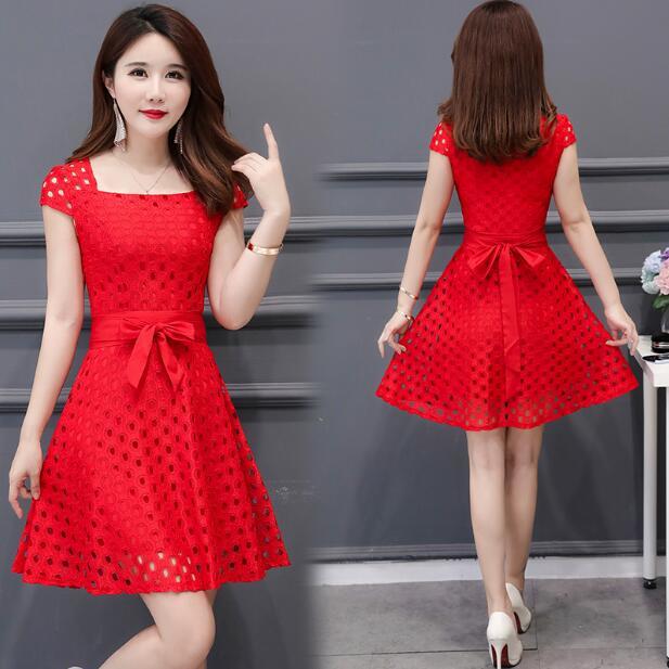 WTEMPO Summer Long Dress Female Short-sleeved Lace Skirt Sexy Waist Was Thin Large Size Skirt