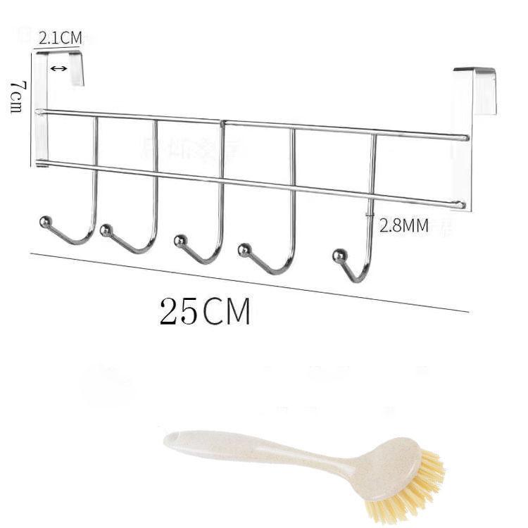 Stainless Steel Five-hook Cabinet Door Back Towel Rack Rag Rack 5-hook Coat Hook Kitchen Door Back Hook Rack With Cleaning Brush