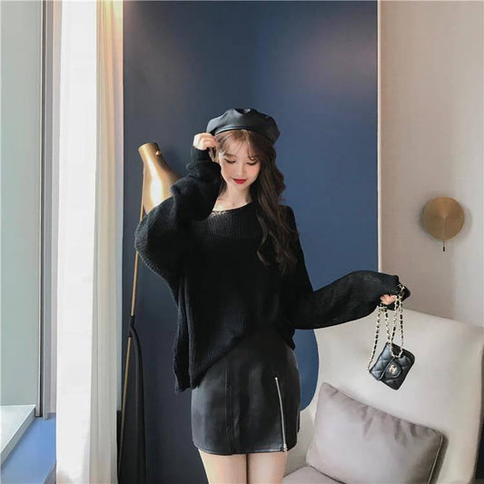 Pofulove Sleeve Retro Bottoming Shirt Winter Girl Thin Lazy Wind Loose Hollow Sweater Warm sweater