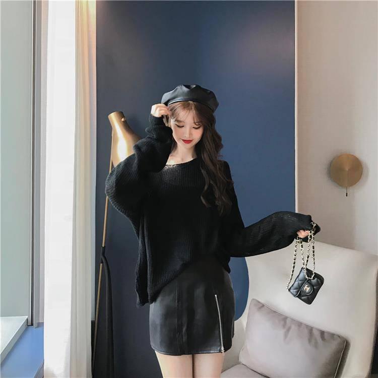 Pofulove Long Sleeve Pullover Retro Bottoming Shirt Winter Girl Thin Lazy Wind Loose Hollow Sweater