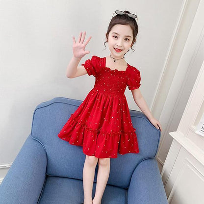 Kids Girls Sweet Summer Polka Sundress French Stylish A-Line Pleated Ruffle Short Sleeve Dress for Party Birthday Gift