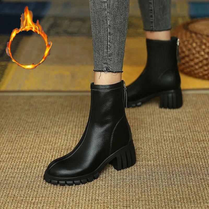 Martin Boots Woman Round Head Retro Boots Black Middle Boots Back Zipper Chelsea Boots Snow Boots Plus Velvet Warm Cotton Boots Winter Boots