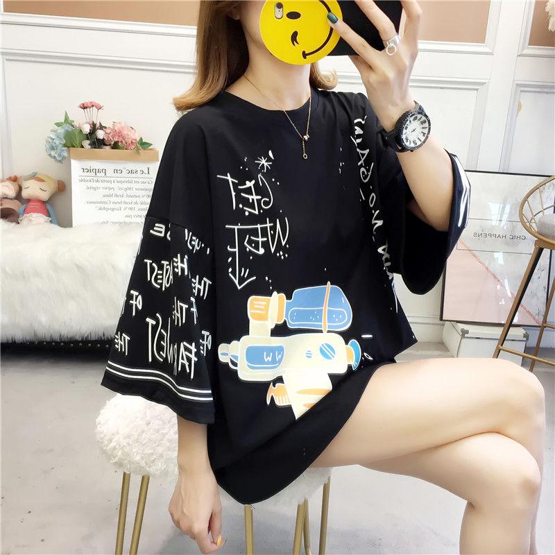 Graffiti Painting Women Dress Girl Loose O-Neck Casual Long T-shirt Dress Big Loose Home Comfort Outer Convenient