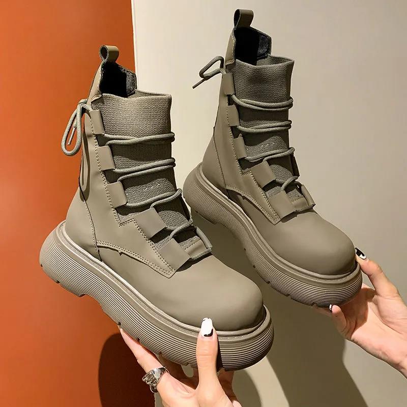 Winter Women's Martin Boots Thick and Fleece Mid-tube Boots Knitted Lace-up Platform Boots