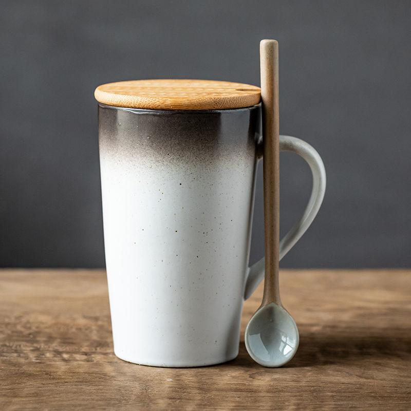 Large-capacity Ceramic Drinking Cup with Lid Spoon Mug Retro Home Coffee Cup Japanese Teacup Men and Women Couple Cups