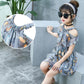 Children's Fashion Dress Girl Casual Off Shoulder Halter Above Knee Dresses Korean Girl's Dress Beach Dress Fold Print Butterfly