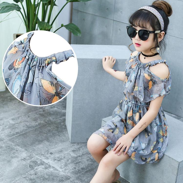 Children's Fashion Dress Girl Casual Off Shoulder Halter Above Knee Dresses Korean Girl's Dress Beach Dress Fold Print Butterfly