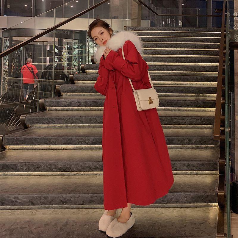 Red Cotton-padded Jacket Women's Winter Loose Waist Cotton-padded Jacket Long Over The Knee Overcoming Coat