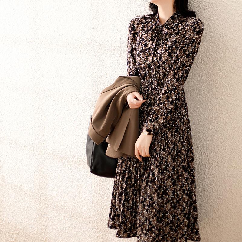 Chiffon Floral Dress Female Spring Summer French Retro Waist Pleated Skirt All-match Dinner Dress