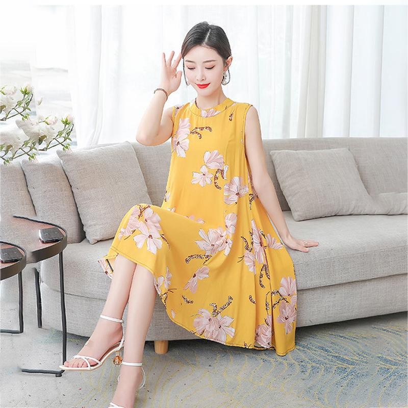Women Cotton Silk Dress Summer Mother Sleeveless Mid-length Loose Large Home Night Skirt Beach Skirt