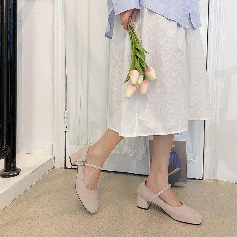 Square-toed Single Shoes Women's Wild Fashion Pumps Autumn Girl Thick-heeled French High Heels