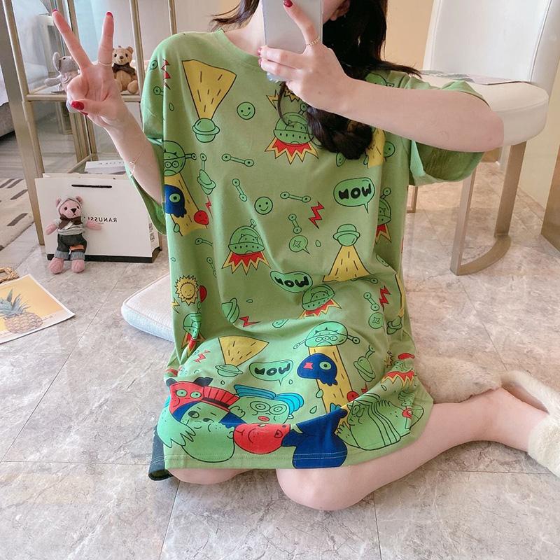 Painted Graffiti Women Dress Girl Loose O-Neck Casual Long T-shirt Dress Big Loose Home Outer